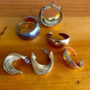 Vintage gold hoops bundle 
floral etched pair, wide pair,  twist strand pair
